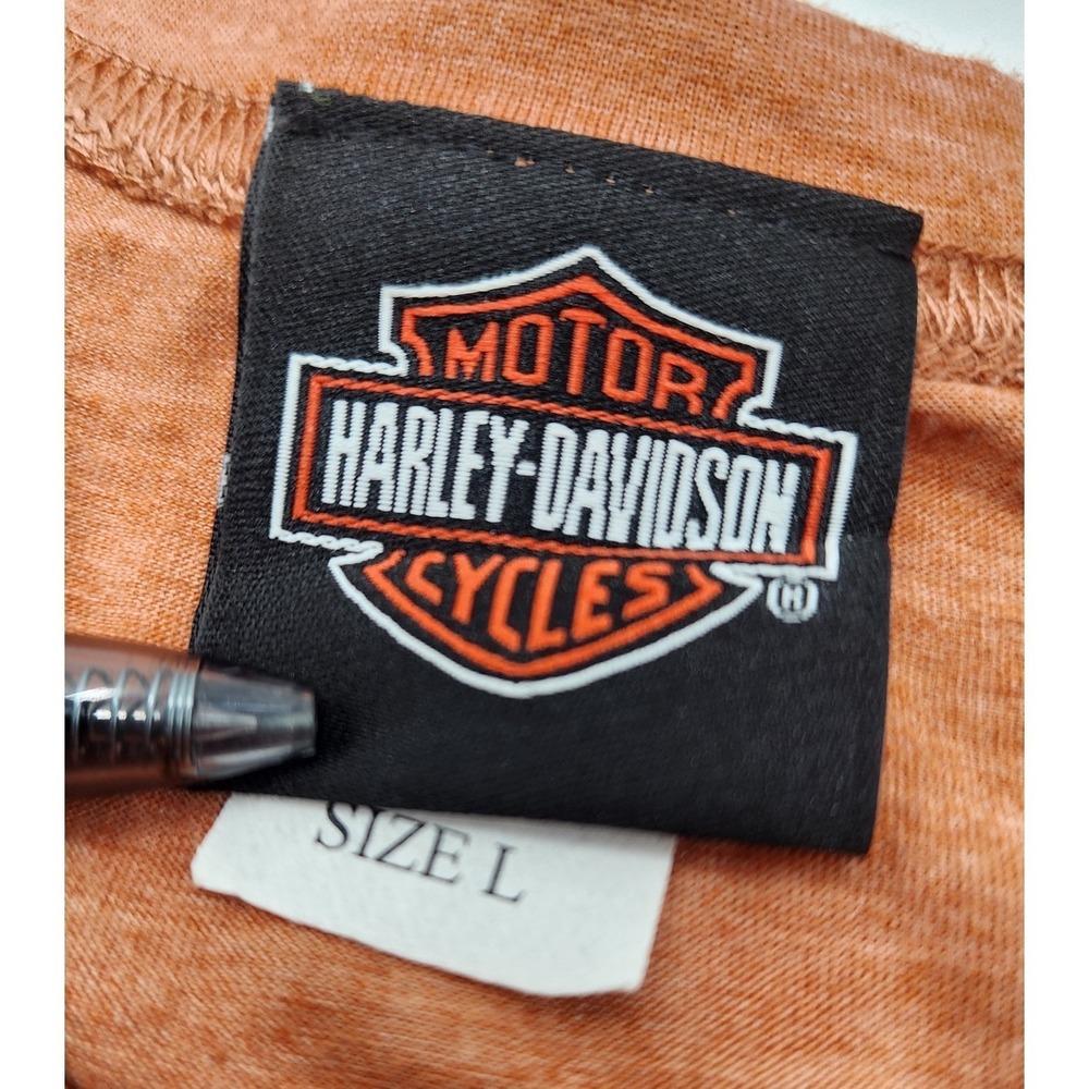 Harley-Davidson Womens Eagle Graphic T-Shirt Orange Acid Wash Tacoma WA Large - Picture 10 of 16